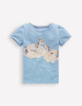 Puff Sleeve Applique Top-Glacier Blue Unicorns