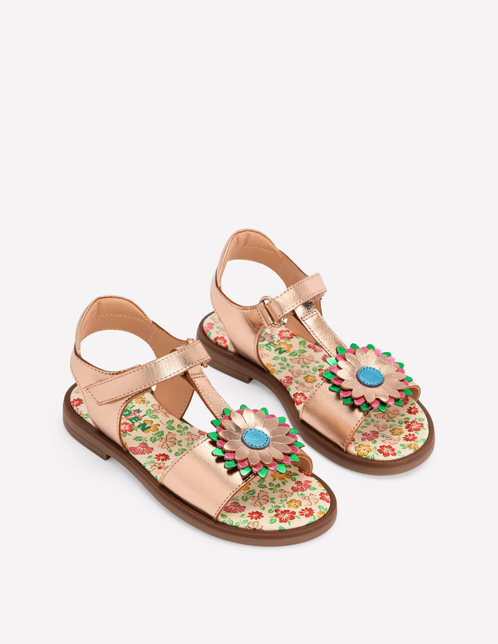 Fun Leather Sandals-Gold Metallic Flower