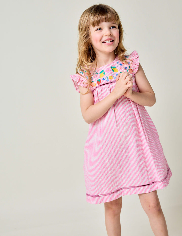 Celia Woven Holiday Dress-Pink Stripe Fruit