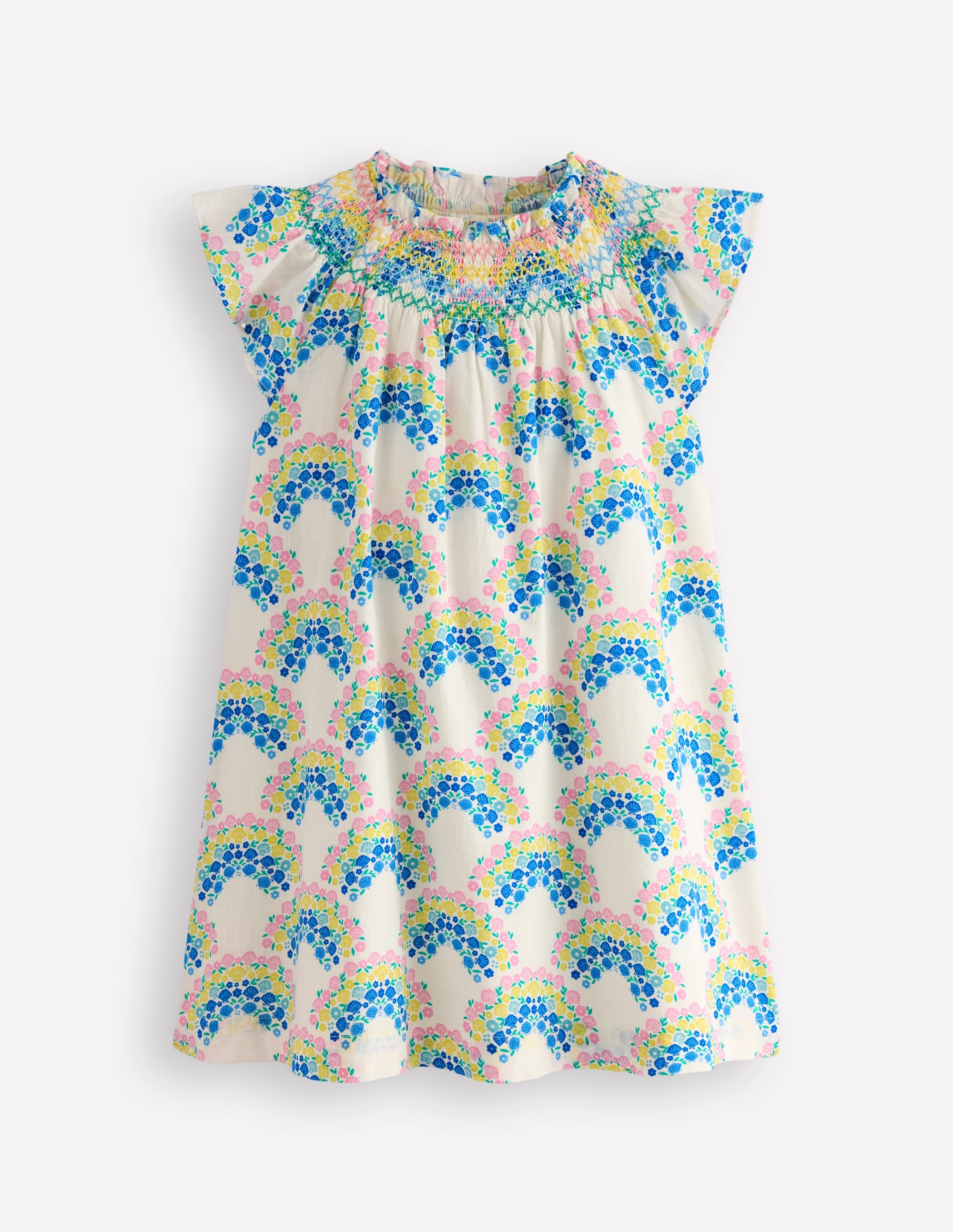 Holiday Smocked Dress-Soft Ivory Rainbow Shells - Image 1