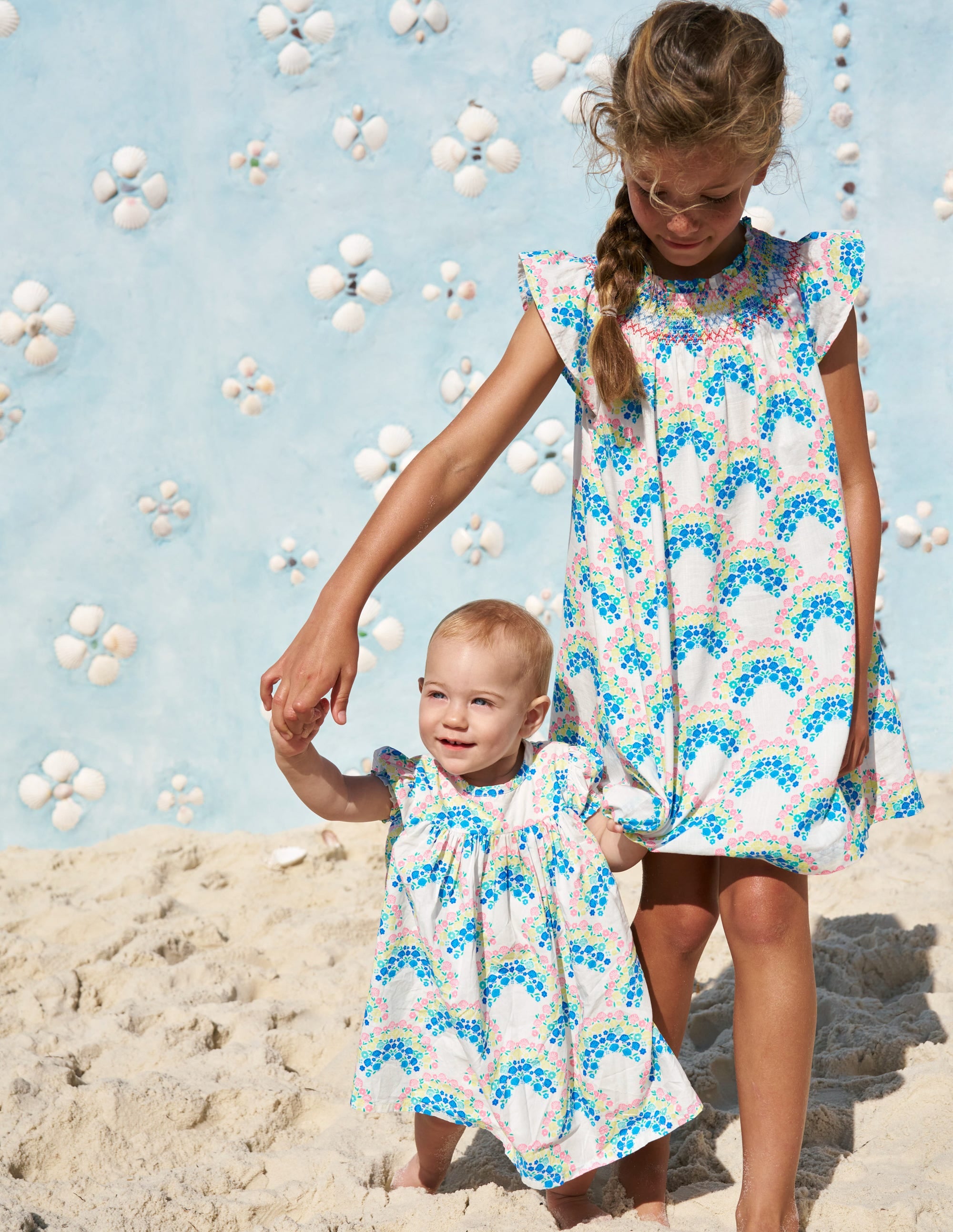 Holiday Smocked Dress-Soft Ivory Rainbow Shells - Image 5