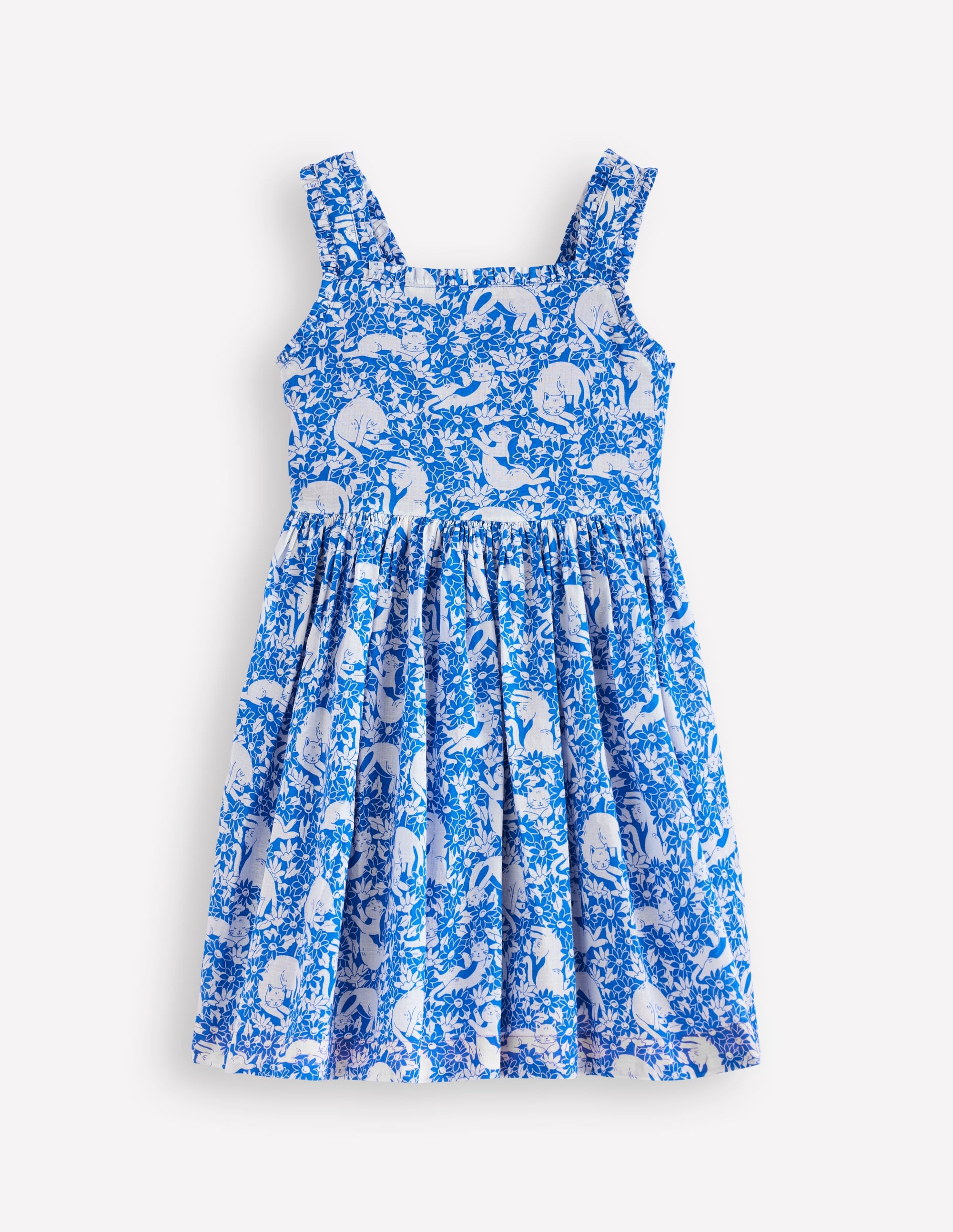 Luna Frill Strap Woven Dress-Kingfisher Blue Kitten Meadow - Image 1