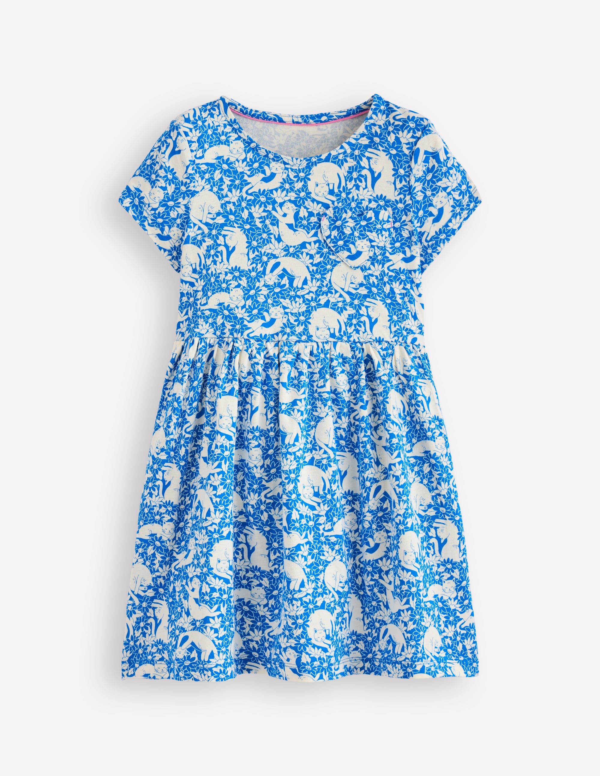 Heart Pocket Fun Jersey Dress-Kingfisher Blue Kitten Meadow - Image 1