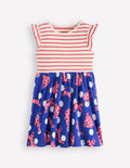 Posie Frill Sleeve Dress-Bright Blue Spotty Cats
