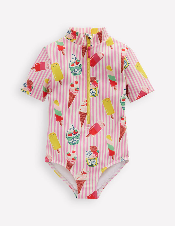 Short Sleeve Swimsuit-Vintage Pink Ice Cream Stripe
