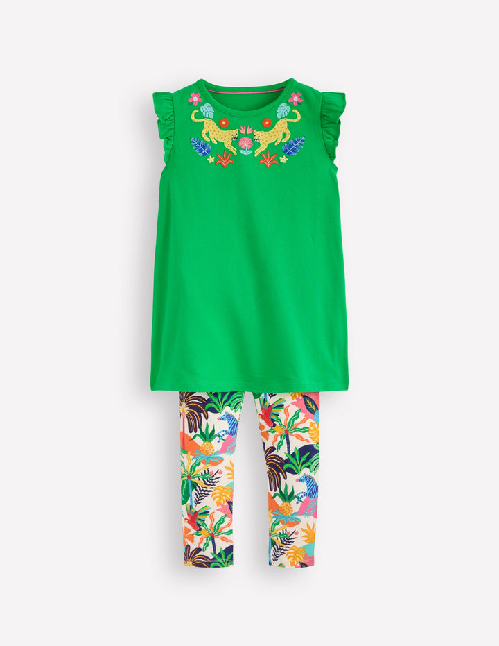 Frill Sleeve Tunic Set-Sapling Green Embroidery