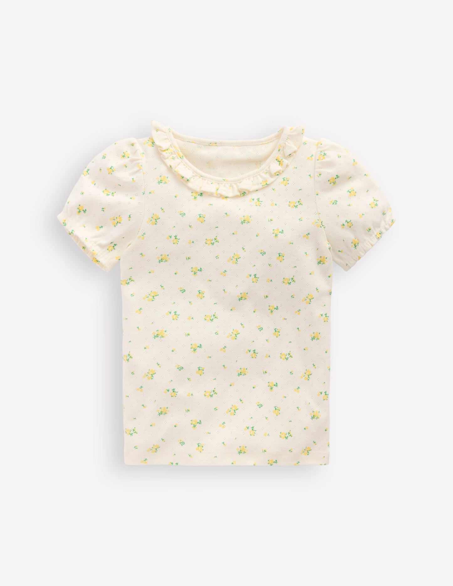 Short-sleeved Ruffle Pointelle-Rosebud Floral