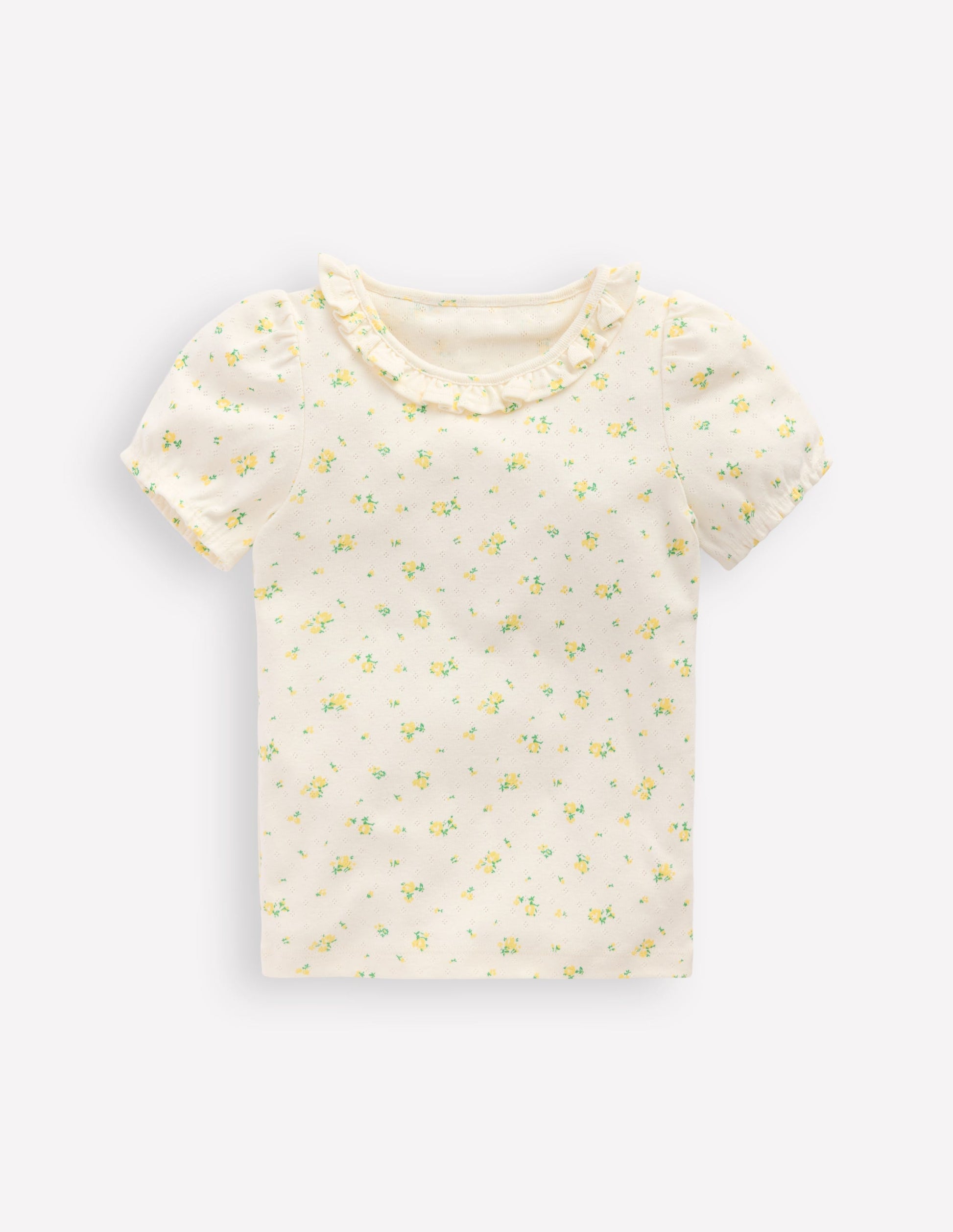 Short-sleeved Ruffle Pointelle-Rosebud Floral-1