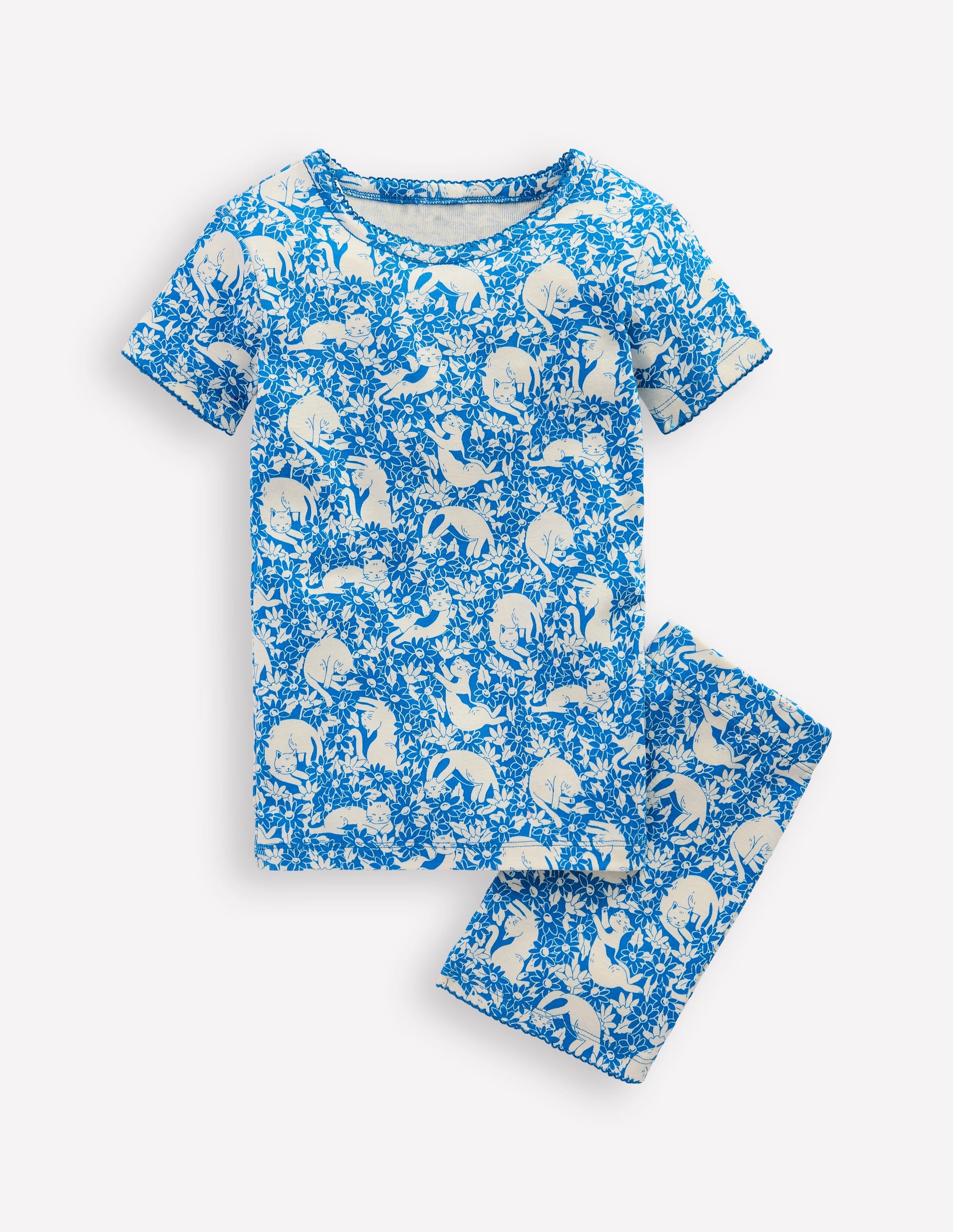 Snug Short John Pyjamas-Kingfisher Blue Kitten Meadow - Image 1