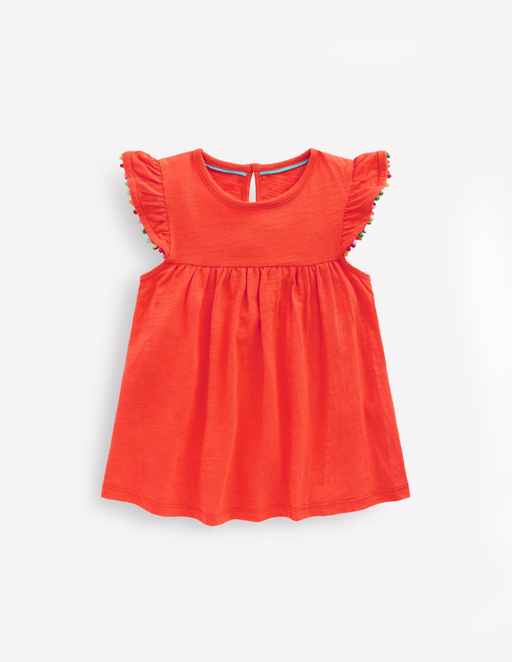 Frill Sleeve Pom Top-Coral Orange