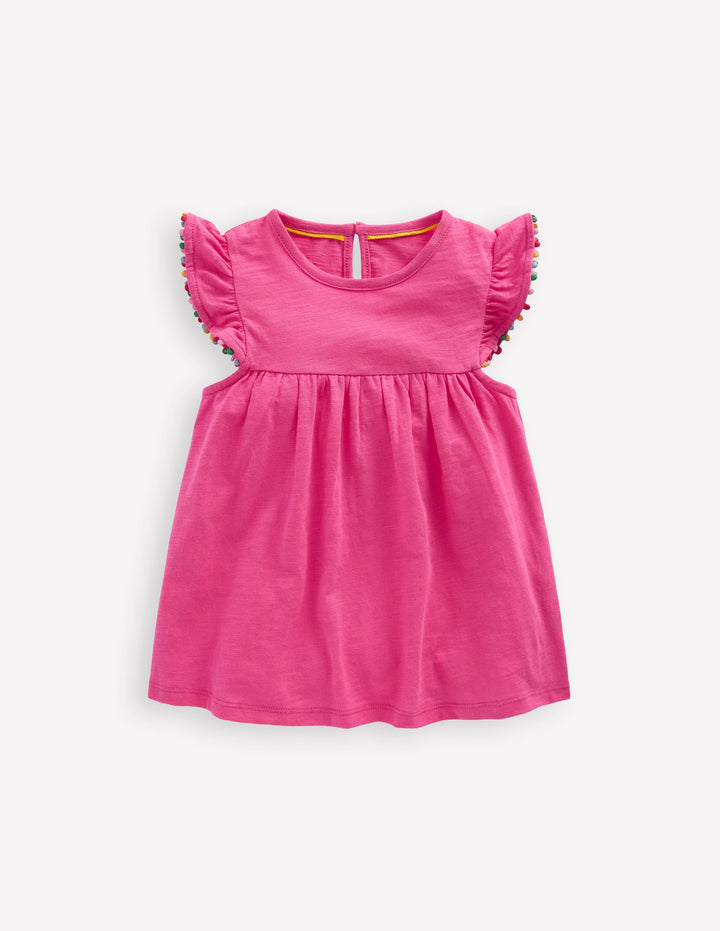 Frill Sleeve Pom Top-Flamingo Pink