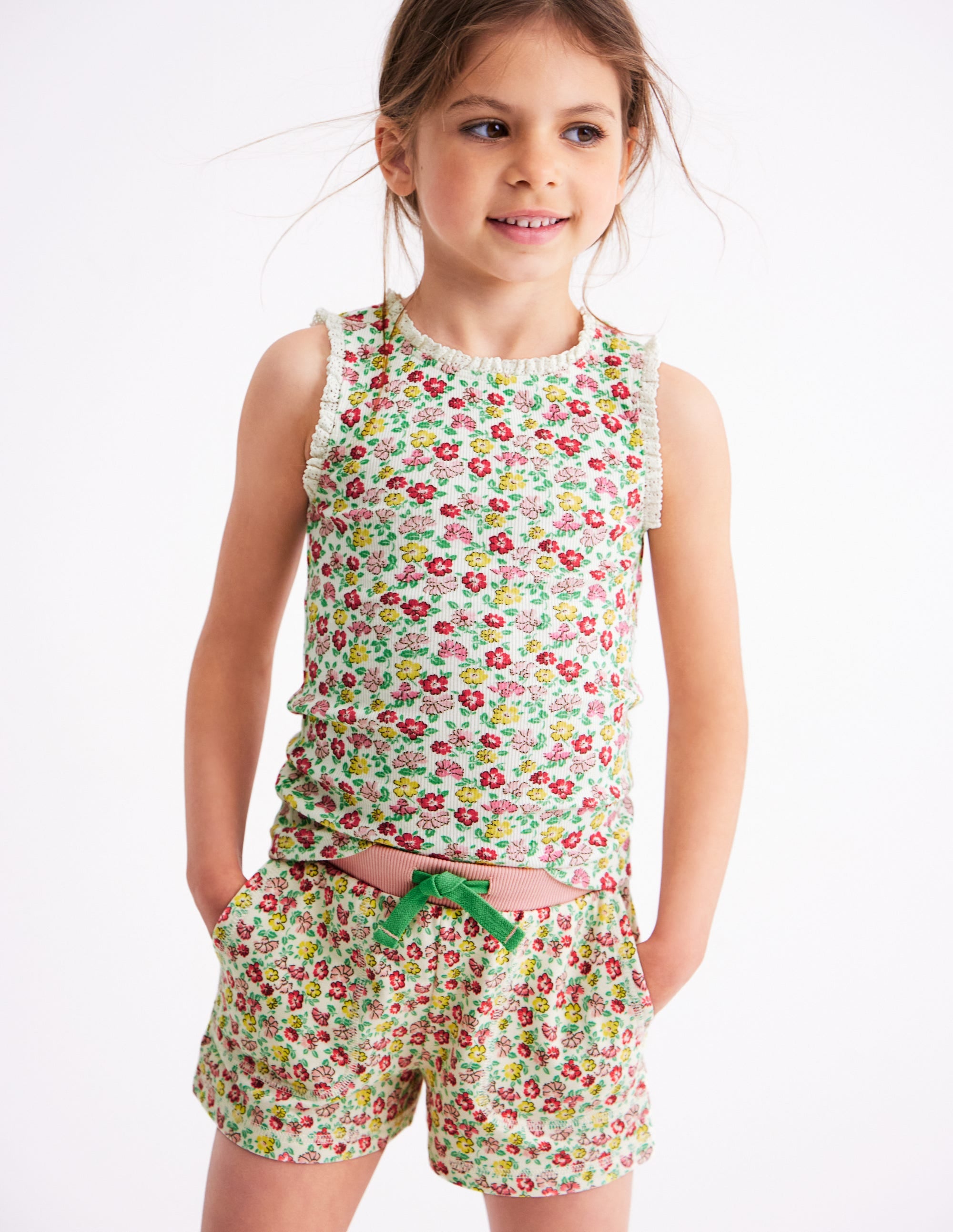 Ribbed Lace Trim Vest-Multi Summer Flowerbed - Image 1