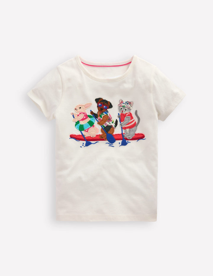 Short Sleeve Appliqué T-shirt-Ivory Rafting Pets
