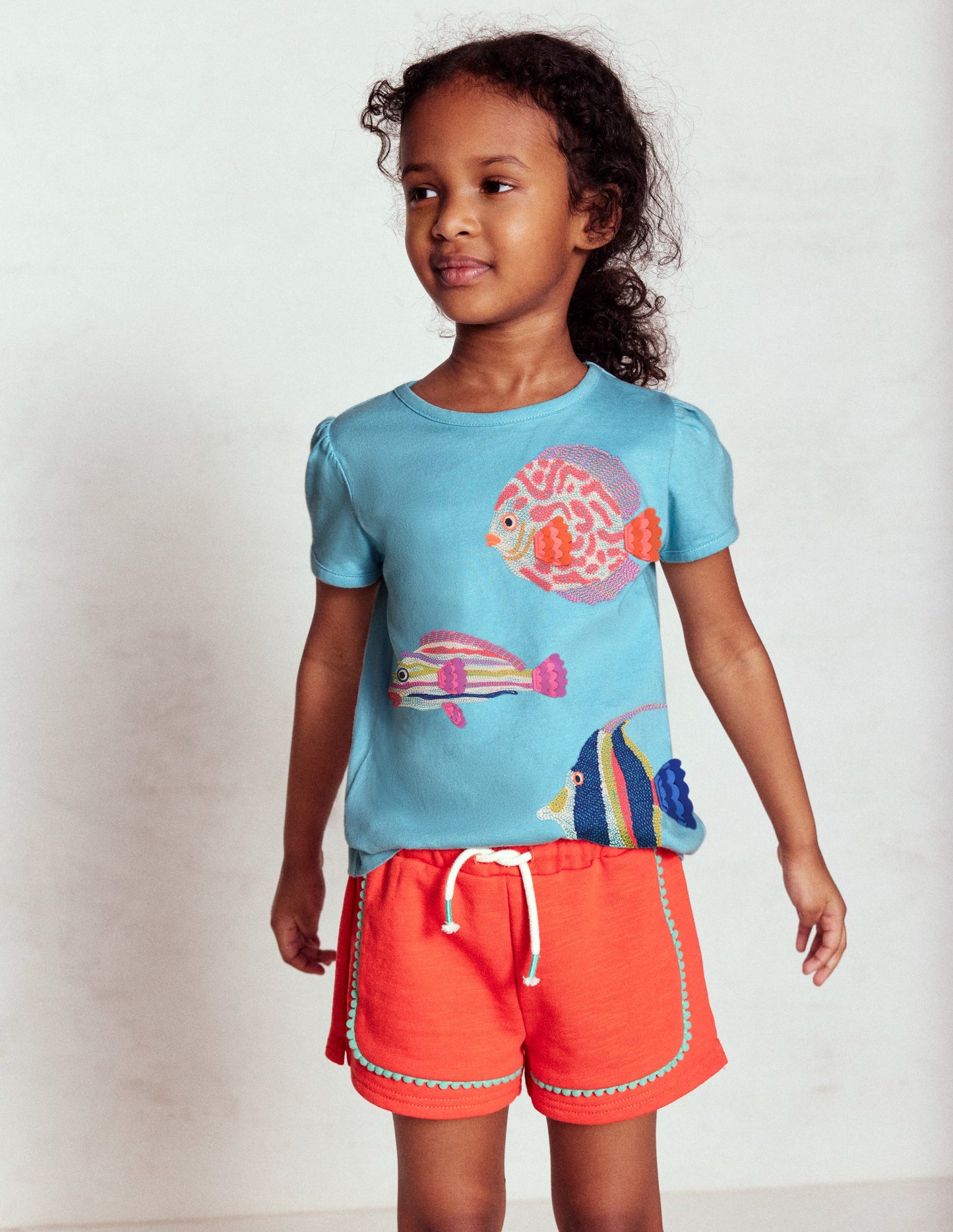 Puff Sleeve Superstitch Top-Aqua Sea Blue Fish