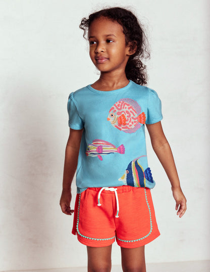 Puff Sleeve Superstitch Top-Aqua Sea Blue Fish-6