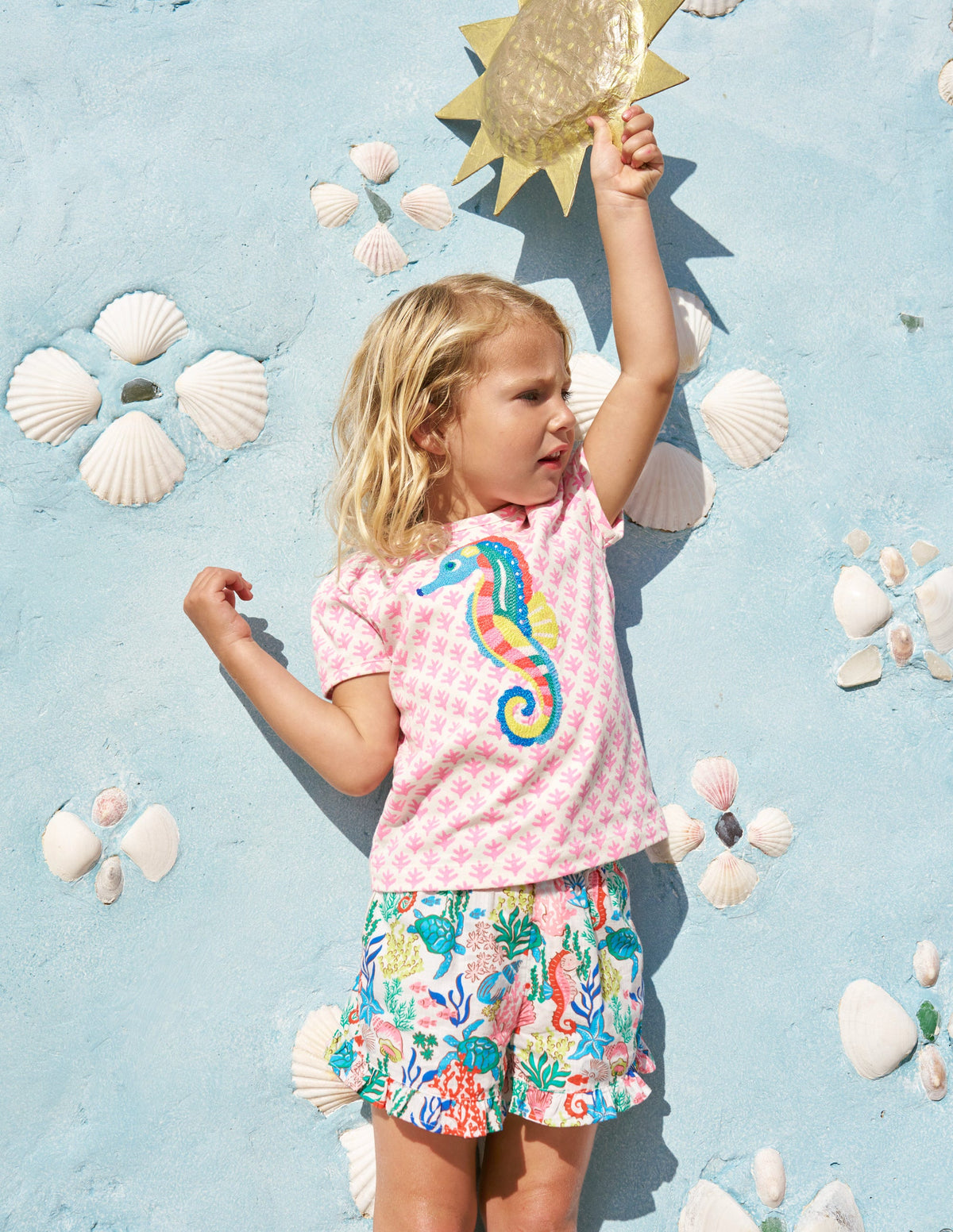 Puff Sleeve Superstitch Top-Pink Woodblock Seahorse - Image 4
