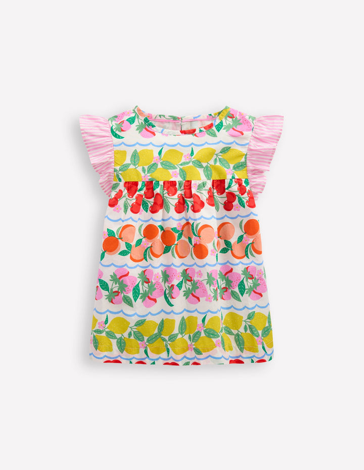 Frill Sleeve Woven Top-Rainbow Fruit Stripe