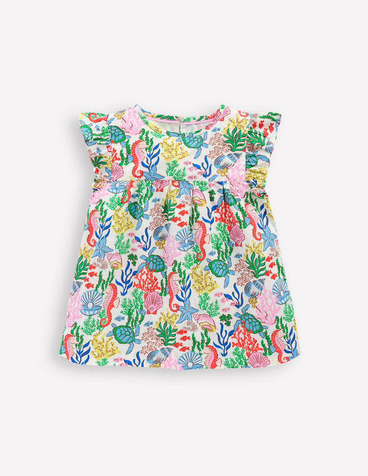 Frill Sleeve Woven Top-Multi Coral Cove