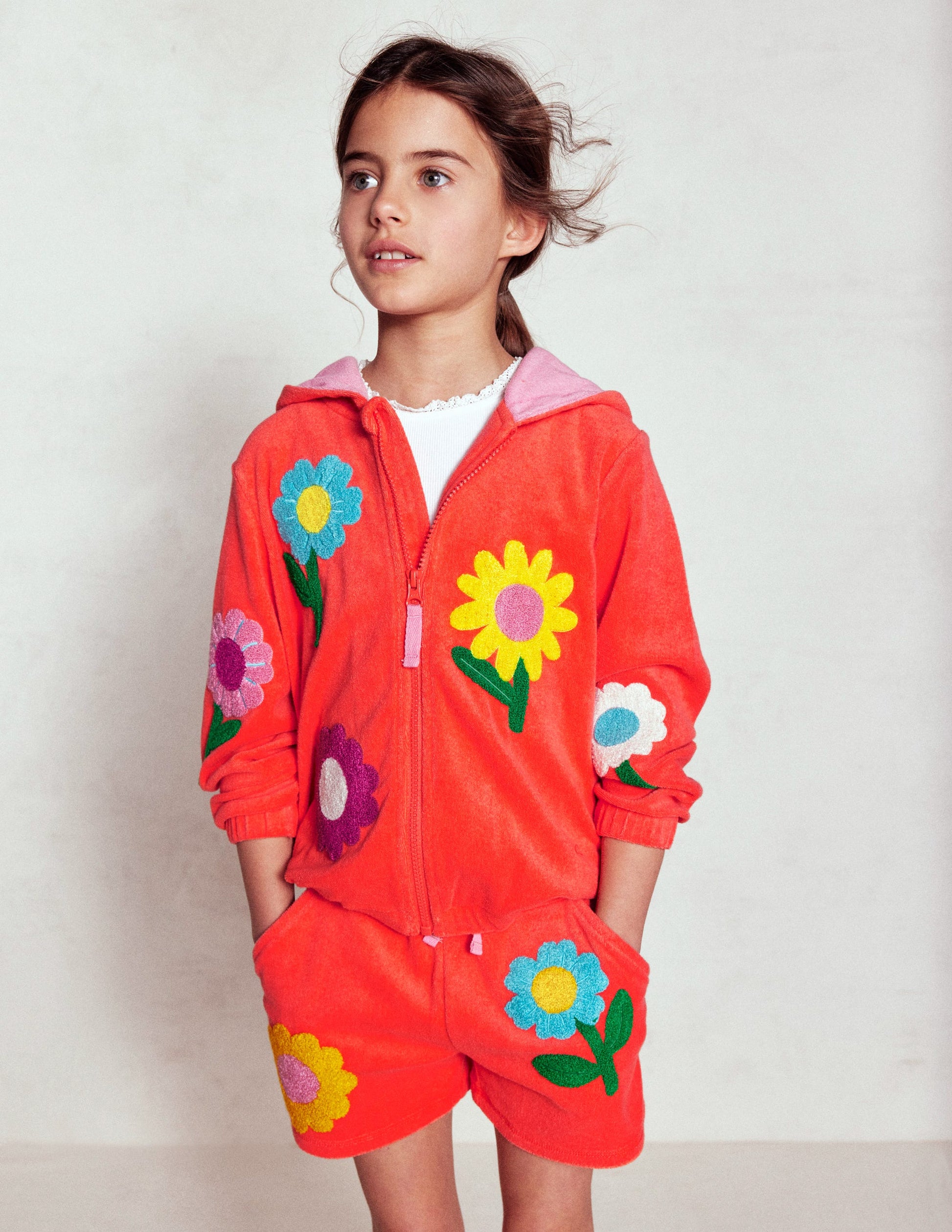 Zip-Through Towelling Hoodie-Coral Orange Flowers-4