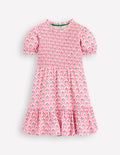 Aurora Shirred Twirly Dress-Pink Rose Woodblock Floral