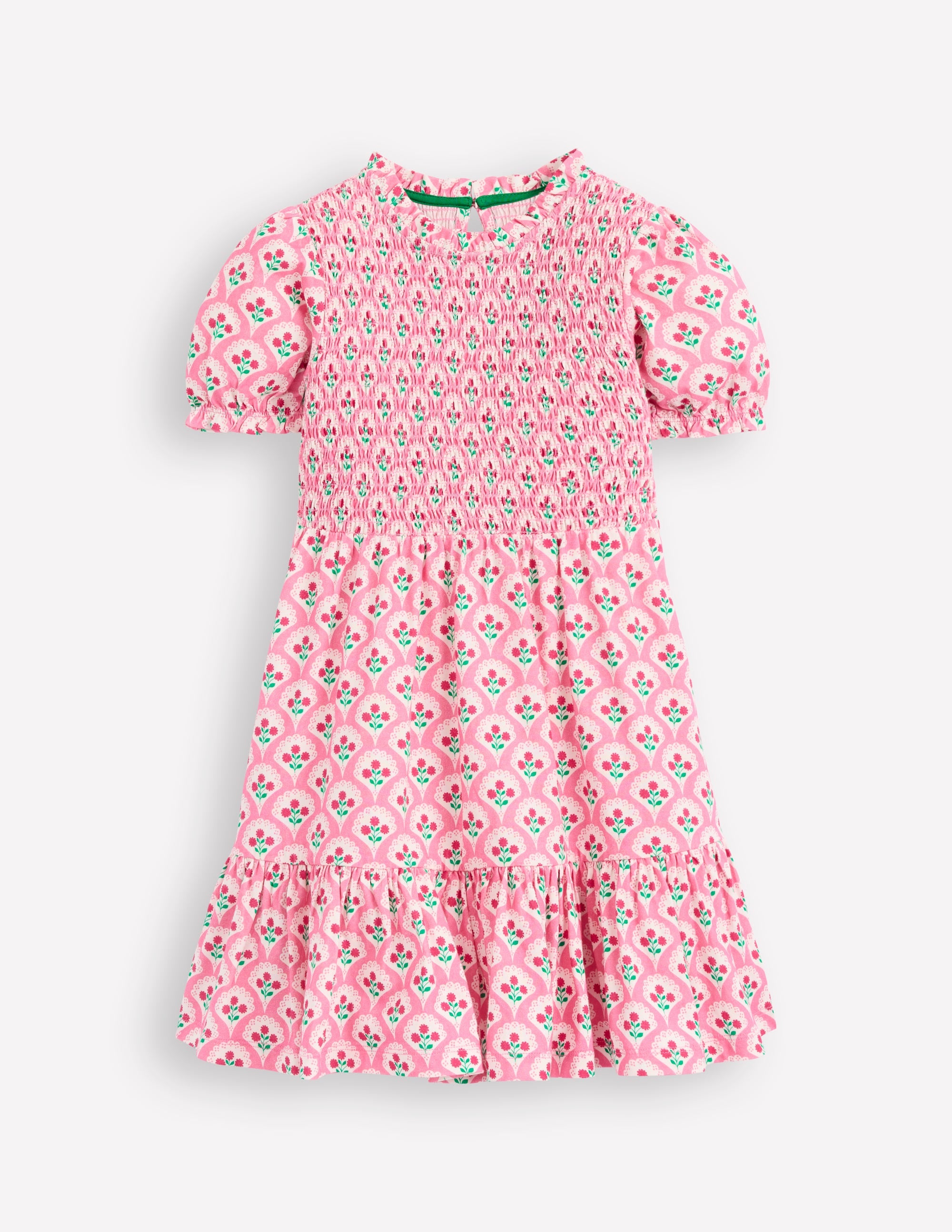 Aurora Shirred Twirly Dress-Pink Rose Woodblock Floral - Image 1