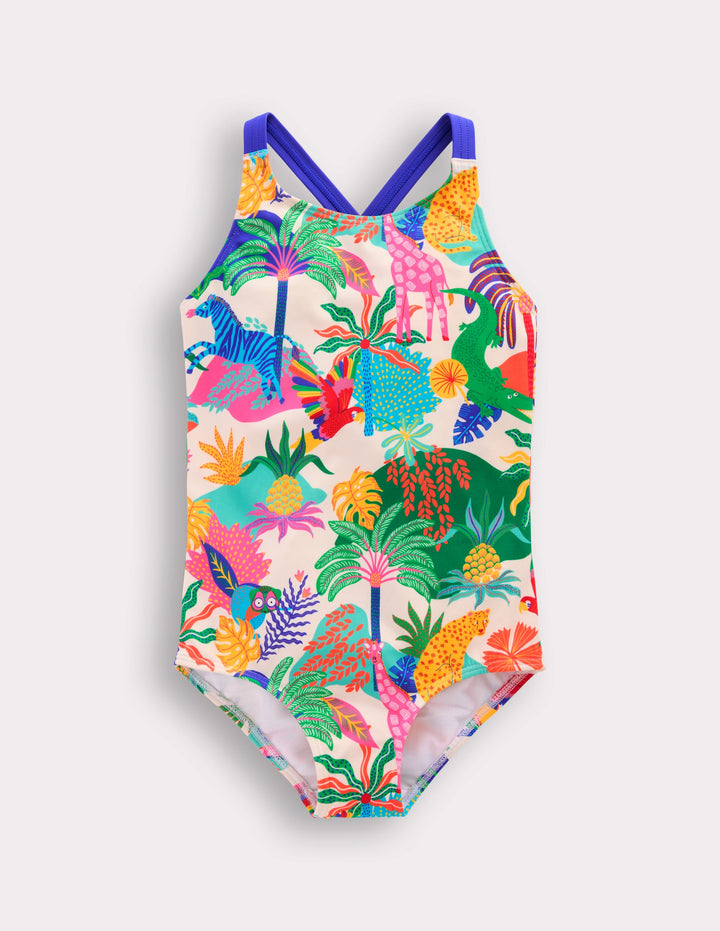 Cross-back Printed Swimsuit-Soft Ivory Multi Jungle