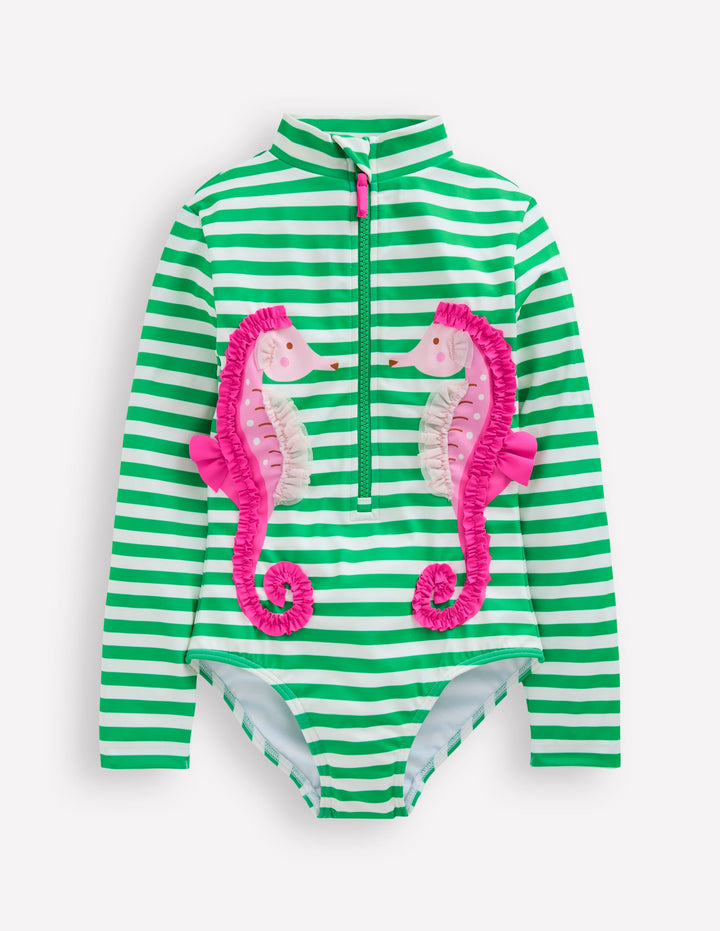Long-Sleeved Swimsuit-Green Seahorse