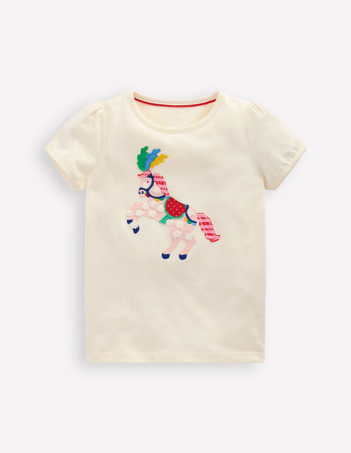 Puff Sleeve Applique Top-Soft Ivory Horse