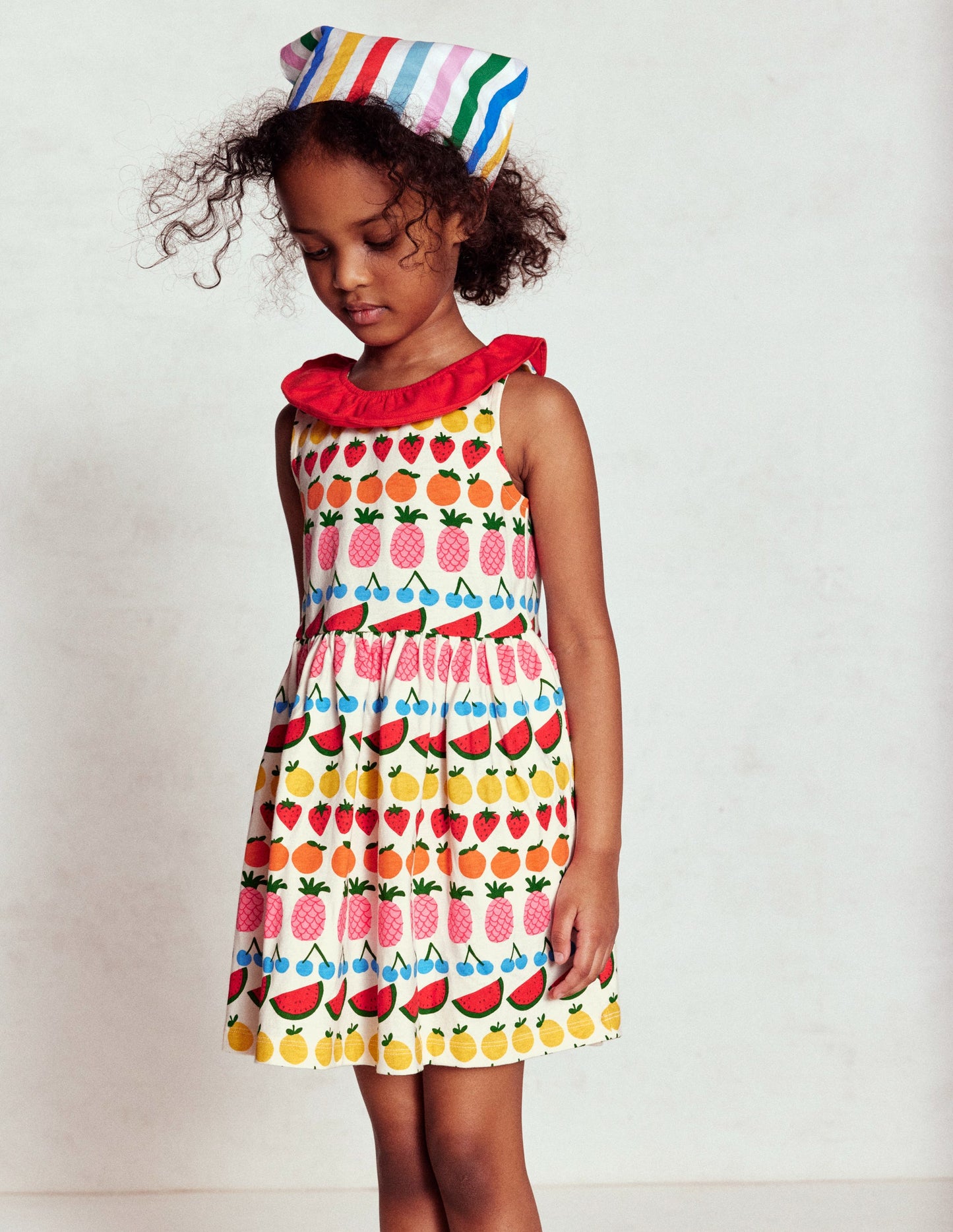 Ruffle Neck Jersey Dress-Ivory Fruit Stripe