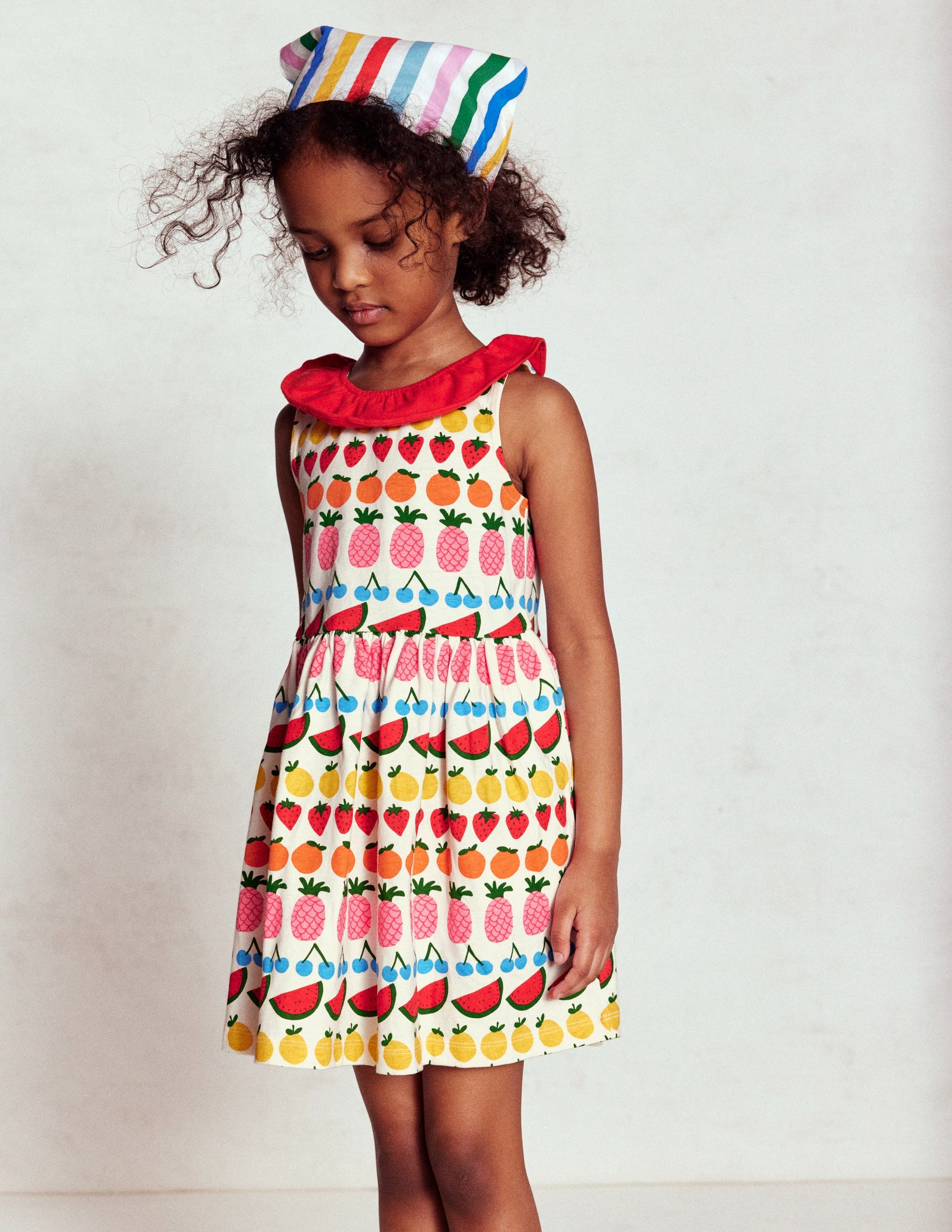 Ruffle Neck Jersey Dress-Ivory Fruit Stripe-7