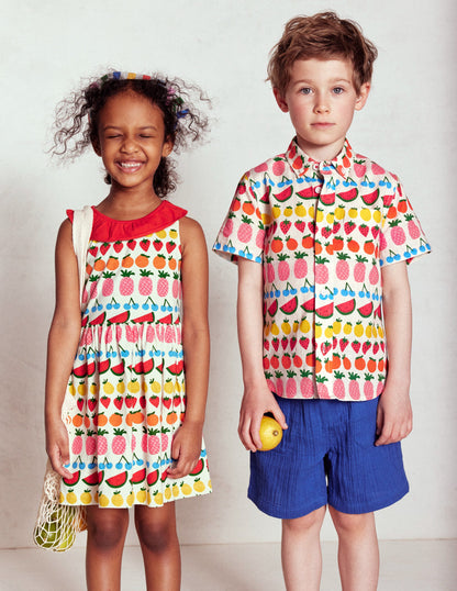 Ruffle Neck Jersey Dress-Ivory Fruit Stripe-8