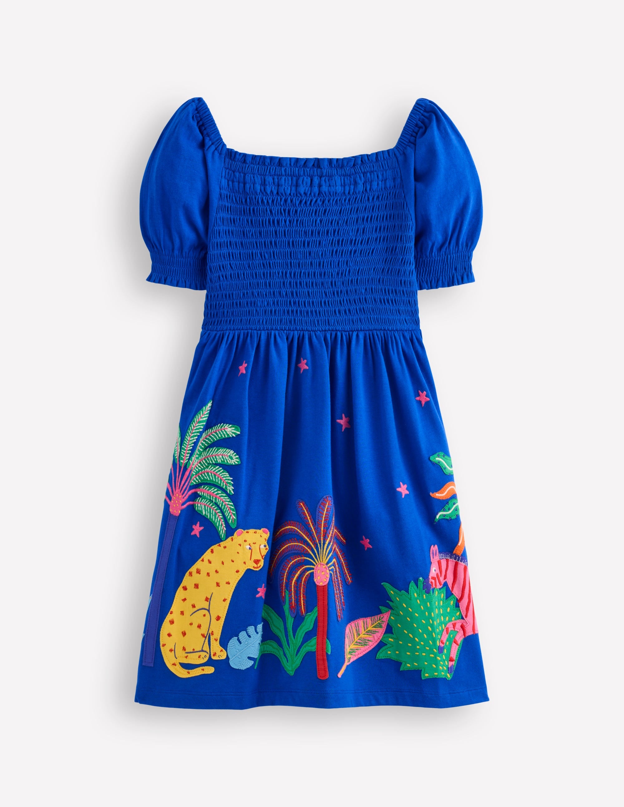 Clare Shirred Appliqué Dress-Blue Safari Animals - Image 1