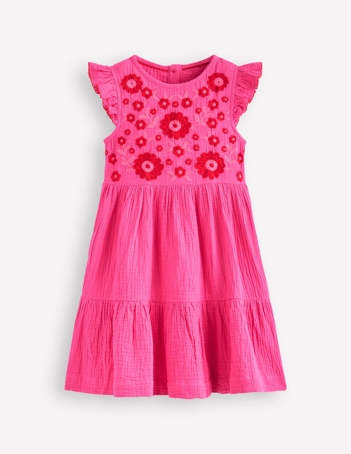 Tiered Doublecloth Dress-Sorbet Pink Embroidered