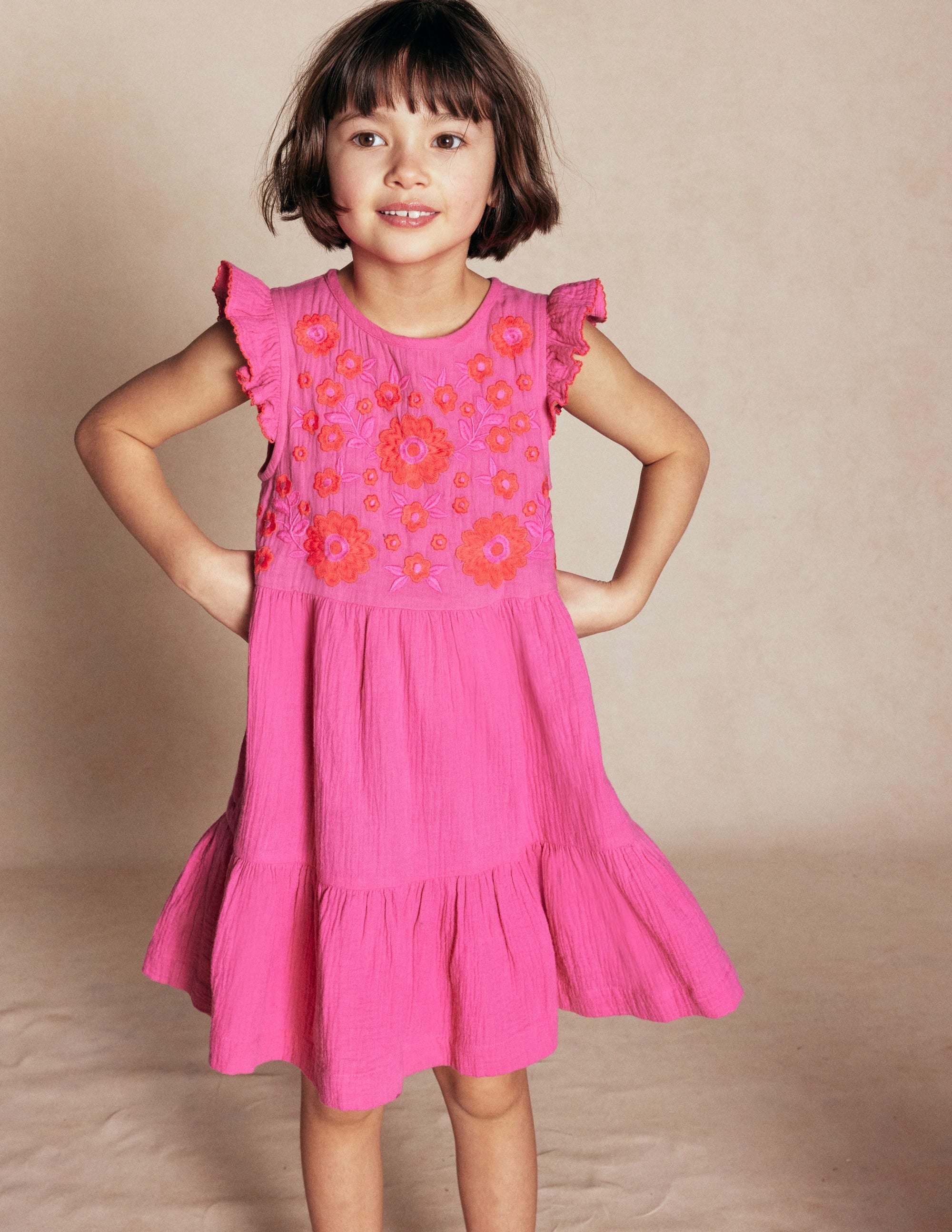 Tiered Doublecloth Dress-Sorbet Pink Embroidered - Image 4