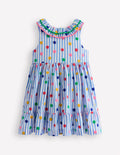 Ruffle Neck Woven Dress-Peacock Plume Blue Spot