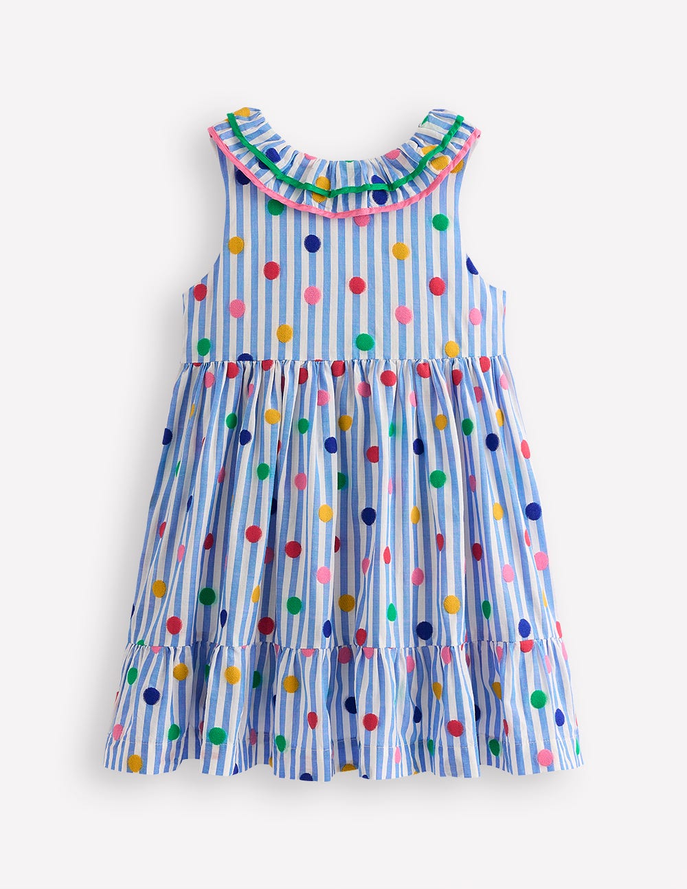 Ruffle Neck Woven Dress-Peacock Plume Blue Spot - Image 1