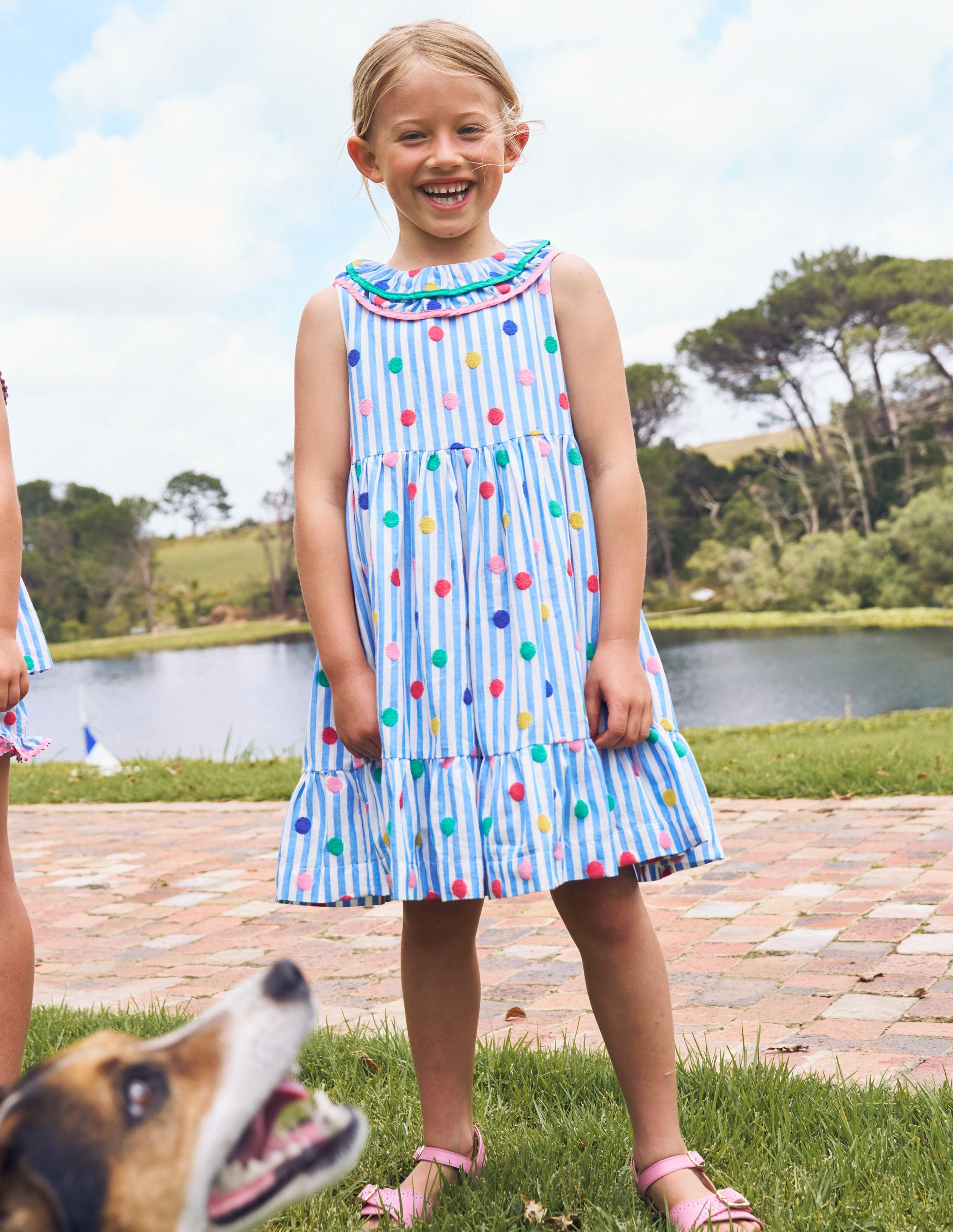 Ruffle Neck Woven Dress-Peacock Plume Blue Spot - Image 4