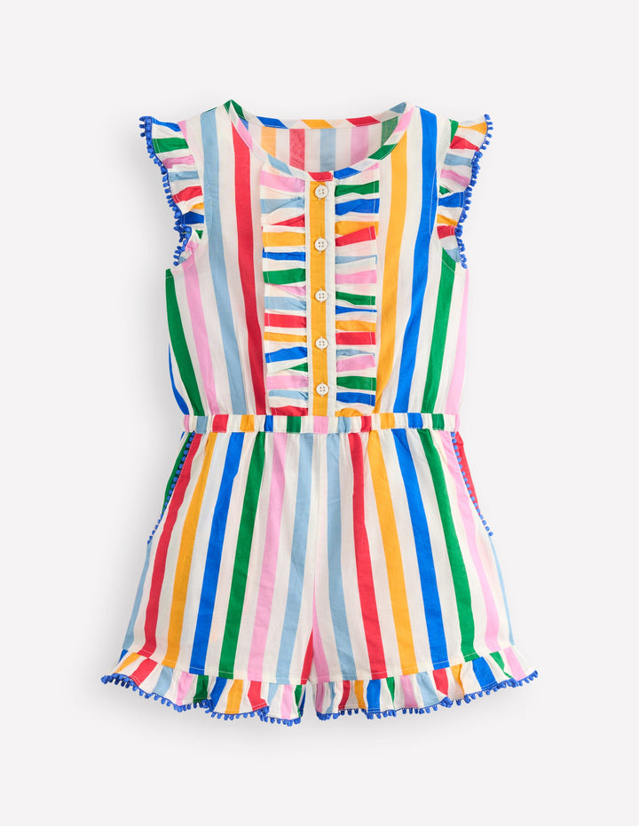 Button Through Ruffle Playsuit-Rainbow Multi Stripe