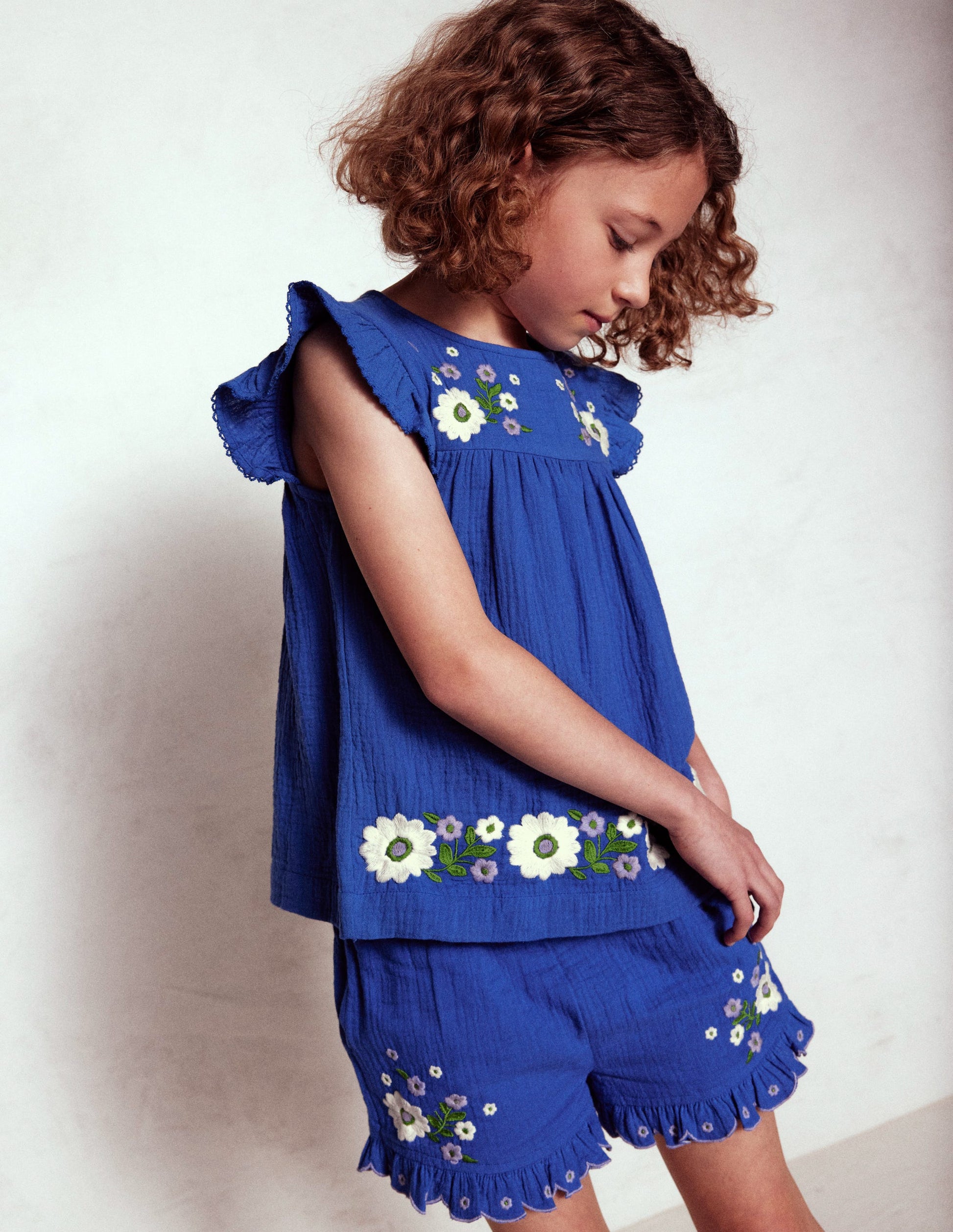 Double Cloth Frill Sleeve Top-Kingfisher Blue Embroidered-7