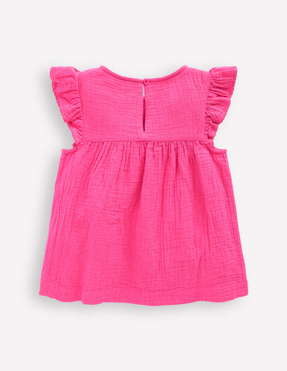 Double Cloth Frill Sleeve Top-Sorbet Pink Embroidered-2