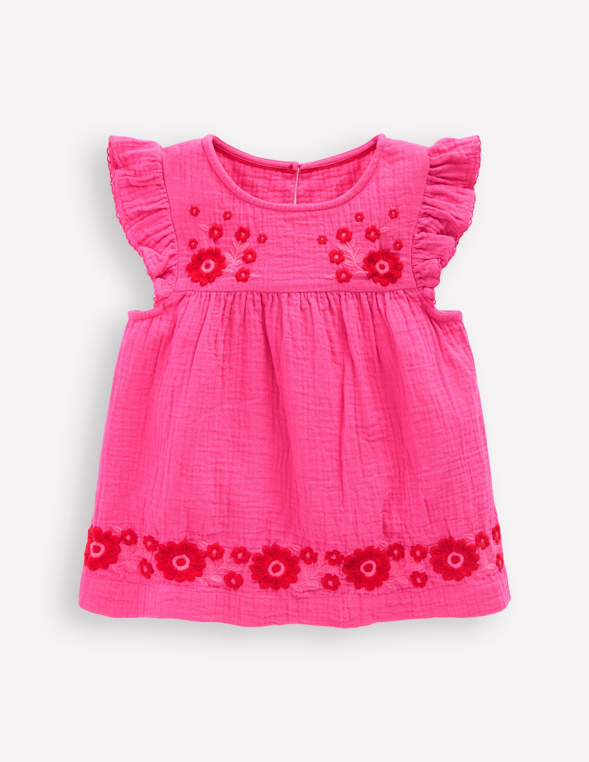 Double Cloth Frill Sleeve Top-Sorbet Pink Embroidered-1