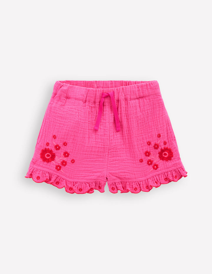 Double Cloth Frill Hem Shorts-Sorbet Pink Embroidered