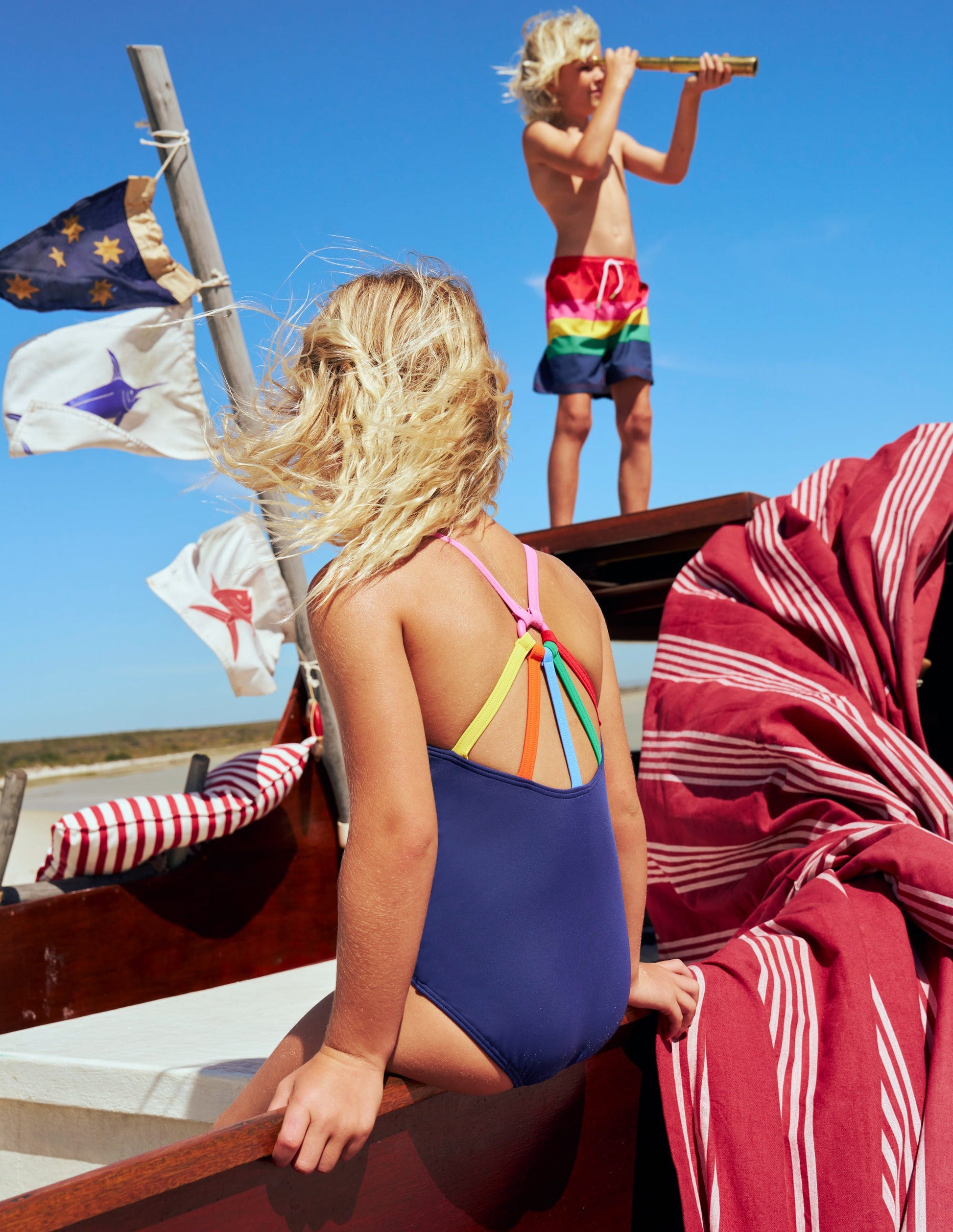 Selena Rainbow Strap Swimsuit-College Navy Boden UK