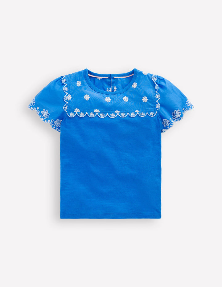 Broderie Sleeve Tee-Kingfisher Blue