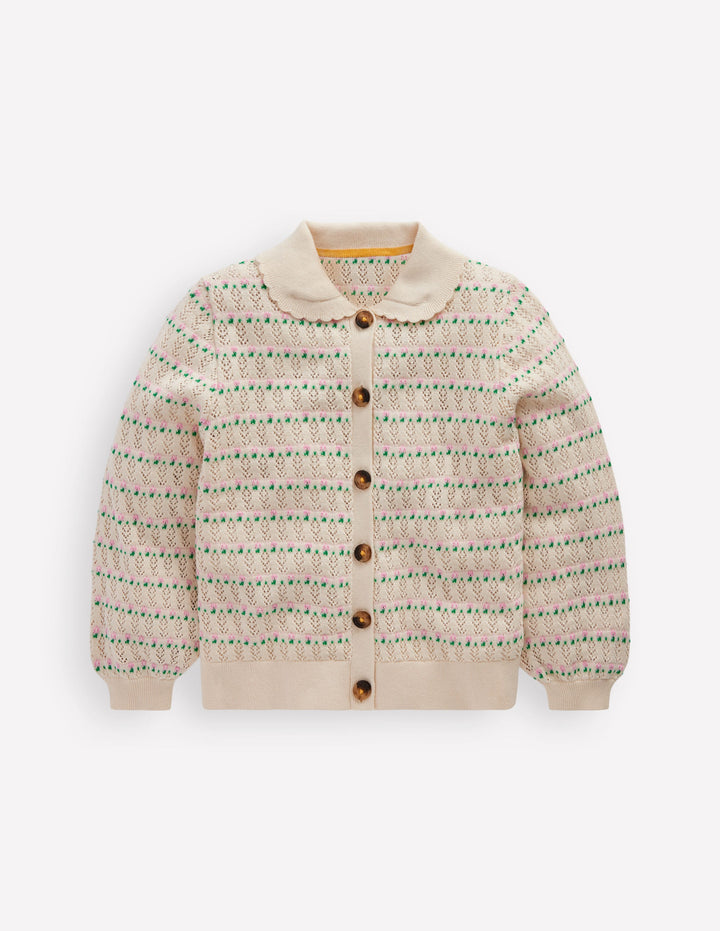 Pointelle Collared Cardigan-Warm Ivory