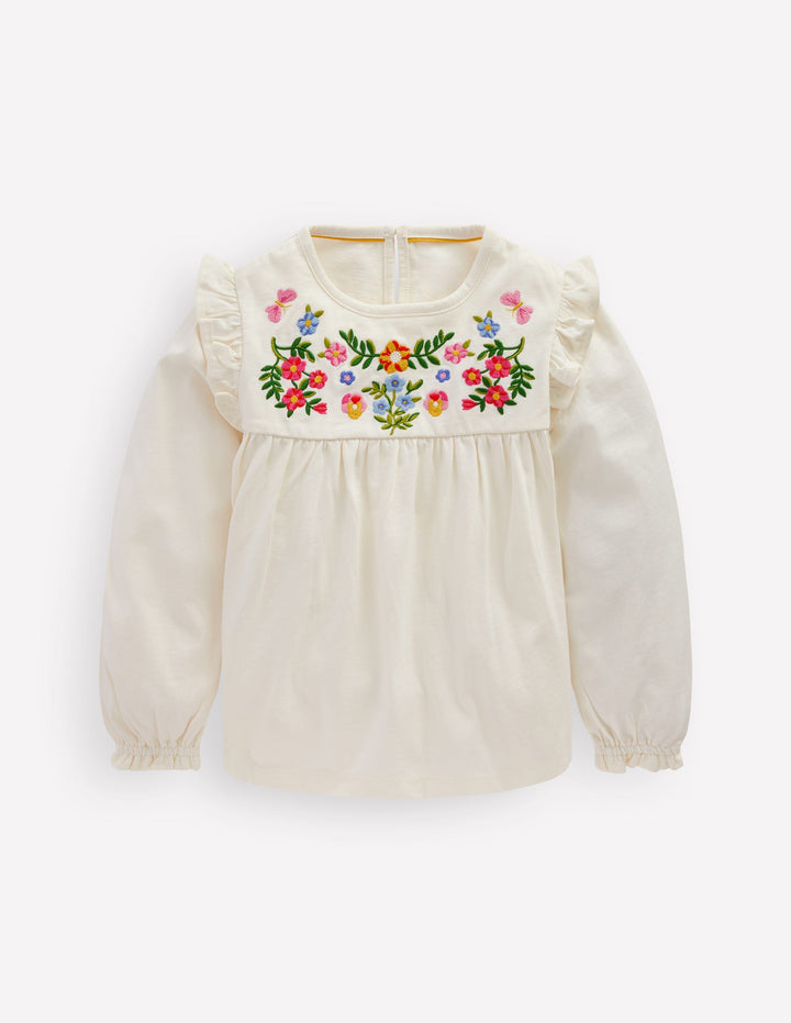 Embroidered Jersey Yoke Top-Soft Ivory Embroidery