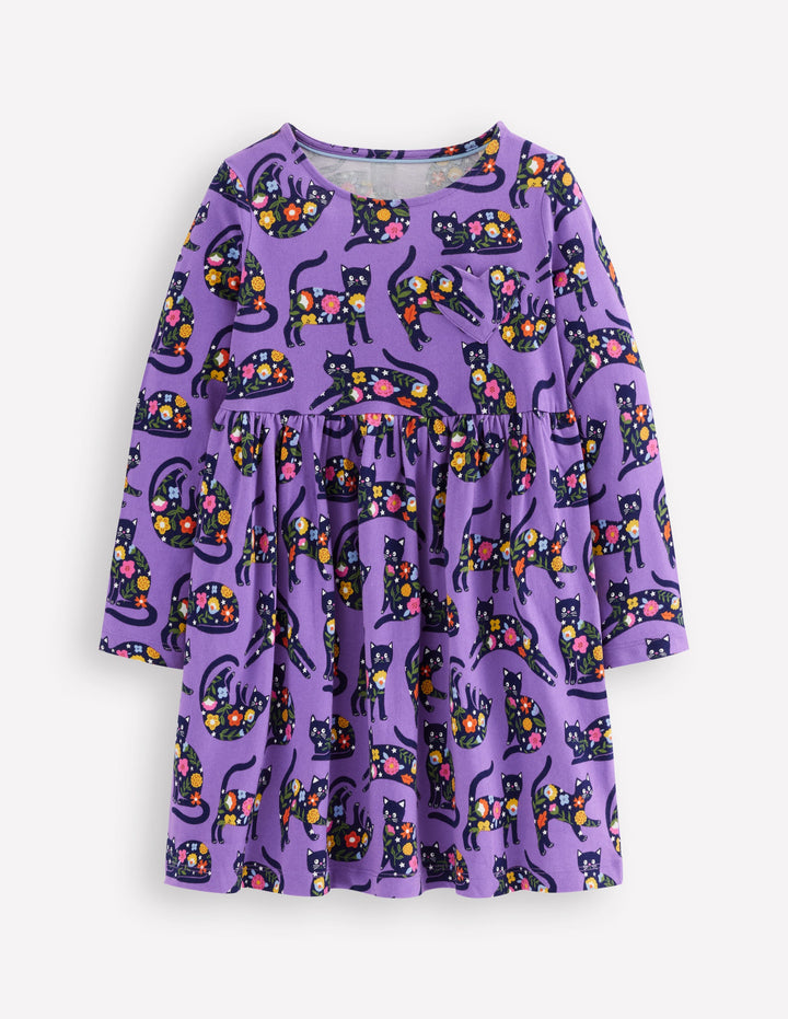 Heart Pocket Fun Jersey Dress-Purple Topaz Spooky Cats