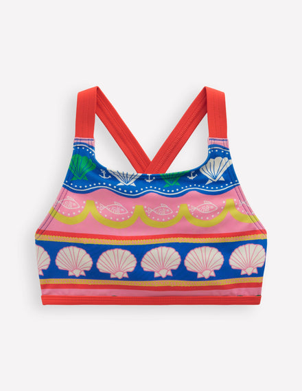 Cross-back Bikini Top-Multi Sea Shell Stripe