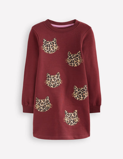 Ida Sweatshirt Appliqué Dress-Chestnut Cat Faces-1