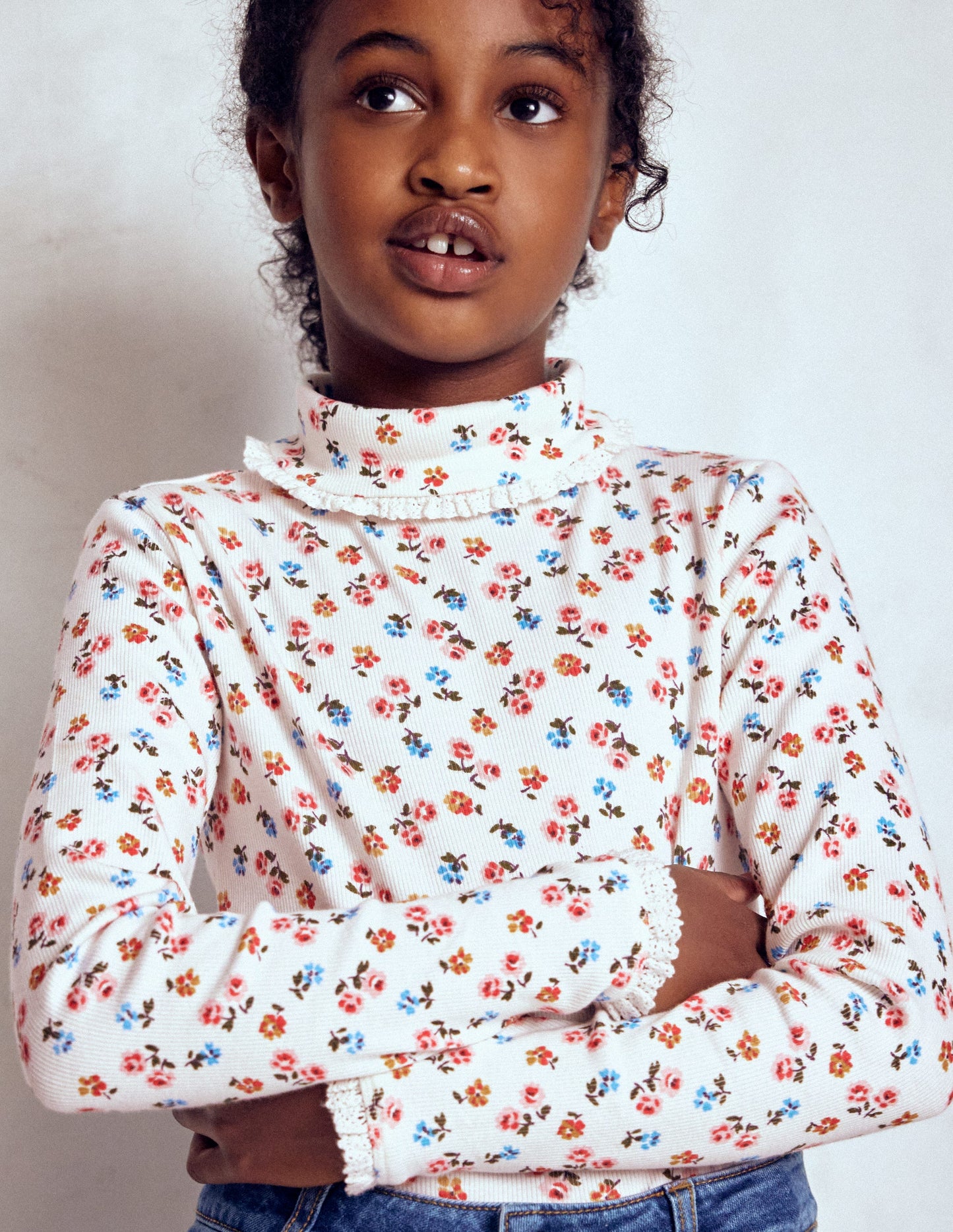 Ribbed Roll Neck Top-Soft Ivory Rose Sprig